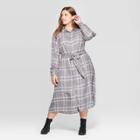 Women's Plus Size Plaid Long Sleeve Collared Midi Tie Belt Shirtdress - Universal Thread Gray 2x, Women's,