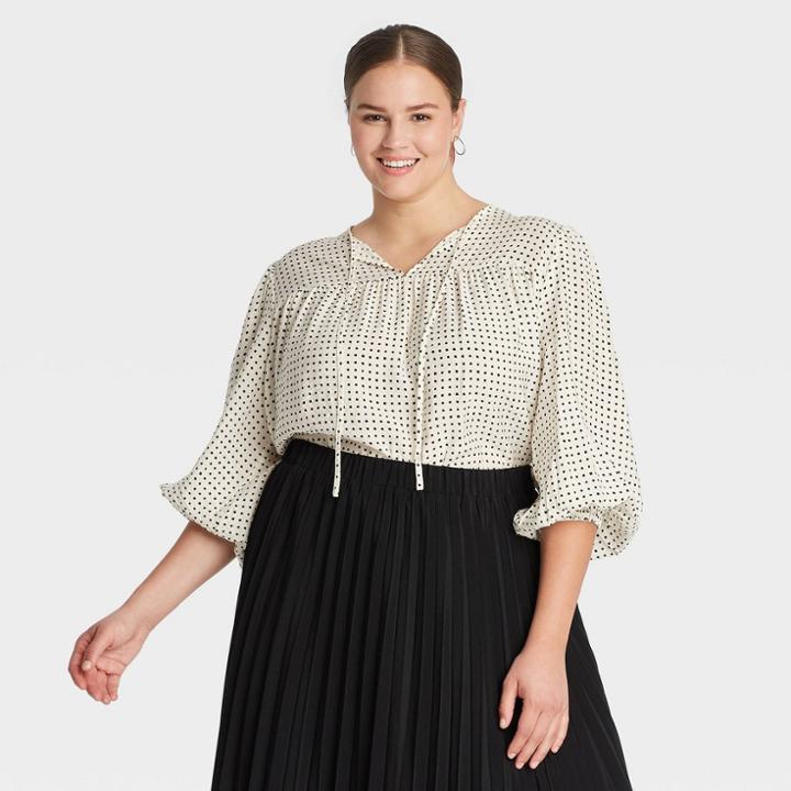 Women's Plus Size Balloon Long Sleeve Blouse - A New Day Cream Polka Dot 2x, Ivory Polka Dot