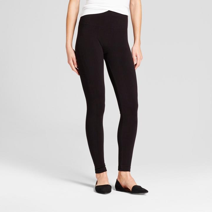 Women's Cotton Blend Fleece-lined Seamless Waistband Leggings - A New Day Black