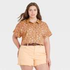 Women's Plus Size Floral Print Dolman Short Sleeve Button-down Shirt - Universal Thread Yellow