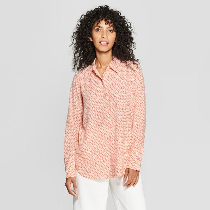 Women's Polka Dot Long Sleeve Collared Button-down Blouse - Prologue Pink
