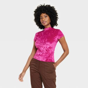Women's Short Sleeve Slim Fit Mock Turtleneck Velvet T-shirt - A New Day Pink