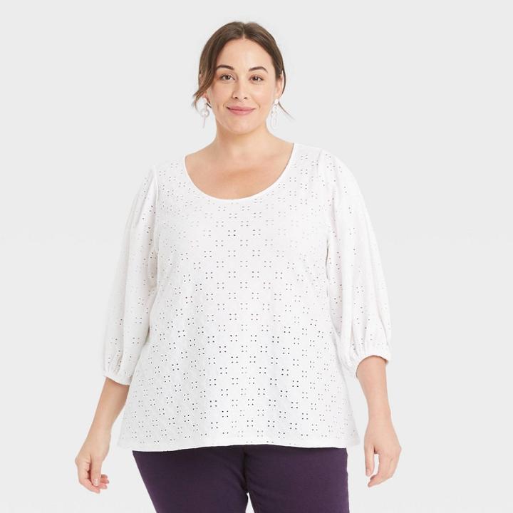 Women's Plus Size Puff Elbow Sleeve Eyelet Knit Blouse - Ava & Viv White X