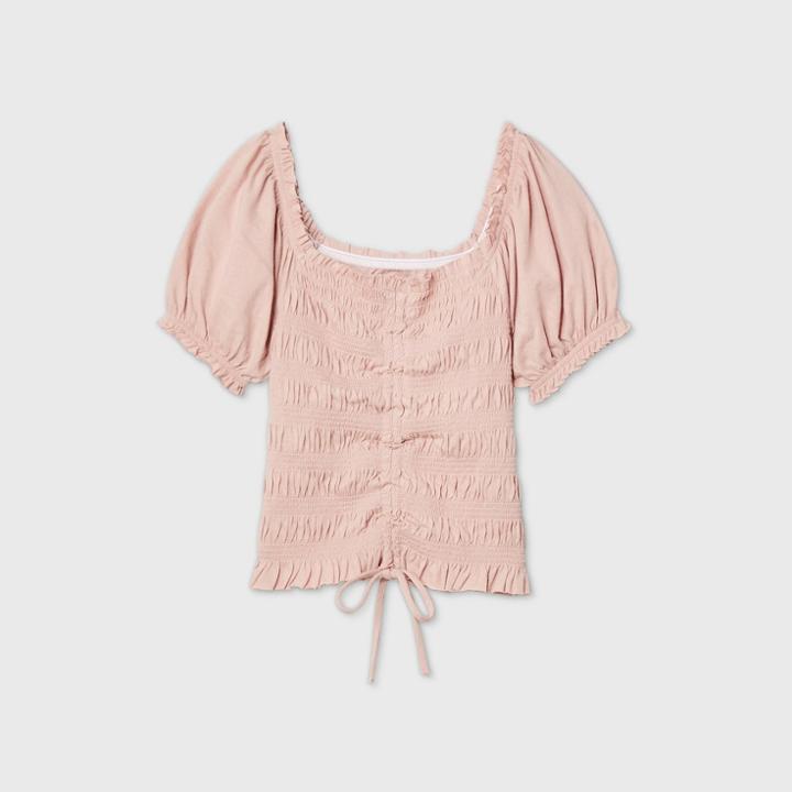 Women's Plus Size Puff Short Sleeve Square Neck Ruched Front Cropped Top - Wild Fable Pink