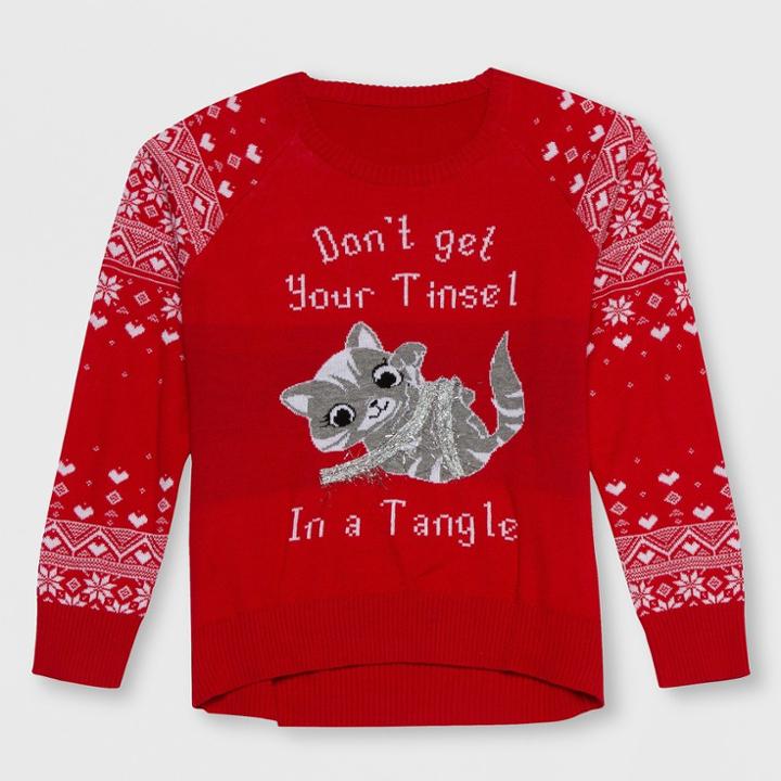 Well Worn Girls' Tinsel Kitty Intarsia Sweater - Red