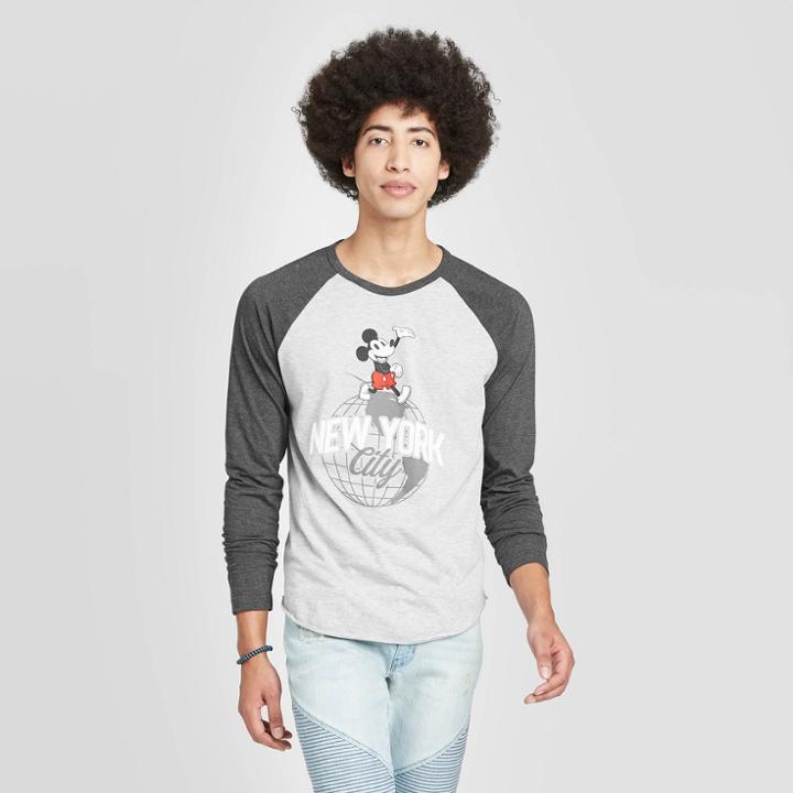 Mickey Mouse & Friends Men's Mickey Mouse Long Sleeve Crewneck New York Raglan Graphic T-shirt - Gray M, Men's,