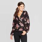 Women's Floral Print V-neck Long Sleeve Wrap Top - Xhilaration Black