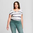 Women's Plus Size Striped Monterey Pocket V-neck Short Sleeve T-shirt - Universal Thread White