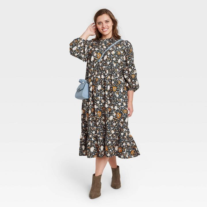 Women's Plus Size Floral Print Long Sleeve Dress - Universal Thread Navy