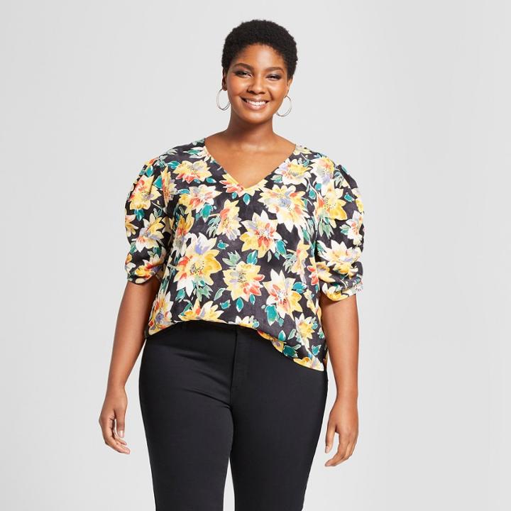 Women's Plus Size Floral Print Pleated Short Sleeve Top - Ava & Viv Black/yellow X