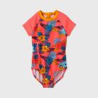 Girls' Retro Tropical Floral Print Short Sleeve One Piece Swimsuit - Art Class Coral