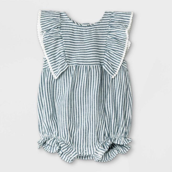 Baby Girls' Striped Woven Ruffle Leg Romper - Cat & Jack Blue/white