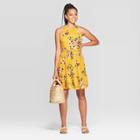 Women's Floral Print Sleeveless High Neck Sleeveless Tiered Shift Mini Dress - Xhilaration Mustard