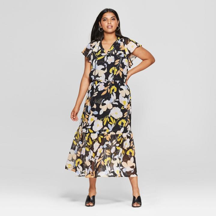 Women's Plus Size Floral Print Short Flutter Sleeve Midi Dress - Who What Wear Black 2x, Black Floral