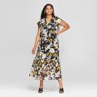 Women's Plus Size Floral Print Short Flutter Sleeve Midi Dress - Who What Wear Black 2x, Black Floral