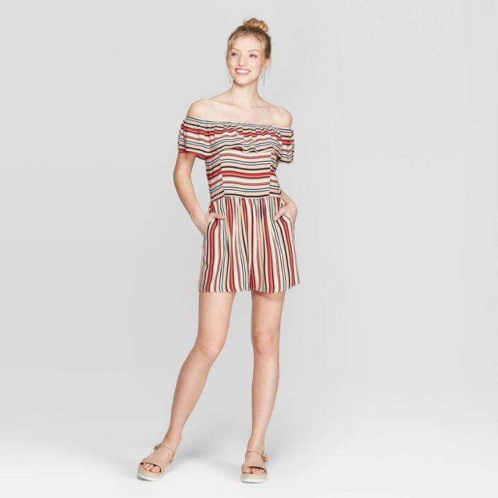 Women's Striped Short Sleeve Off The Shoulder Flounce Top Romper - Xhilaration Khaki