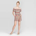 Women's Striped Short Sleeve Off The Shoulder Flounce Top Romper - Xhilaration Khaki