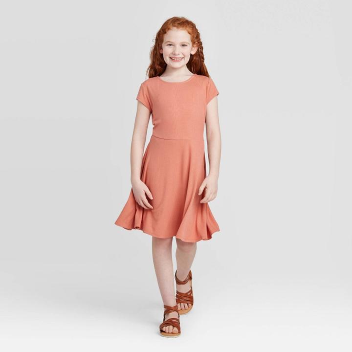 Girls' Ribbed Skater Dress - Art Class Orange