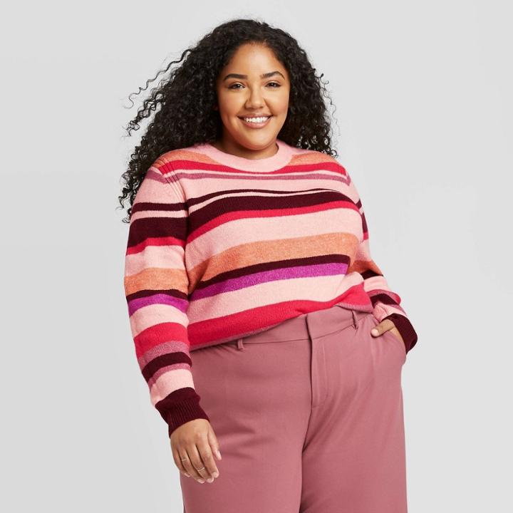 Women's Plus Size Striped Crewneck Pullover Sweater - A New Day Coral