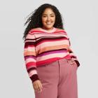Women's Plus Size Striped Crewneck Pullover Sweater - A New Day Coral