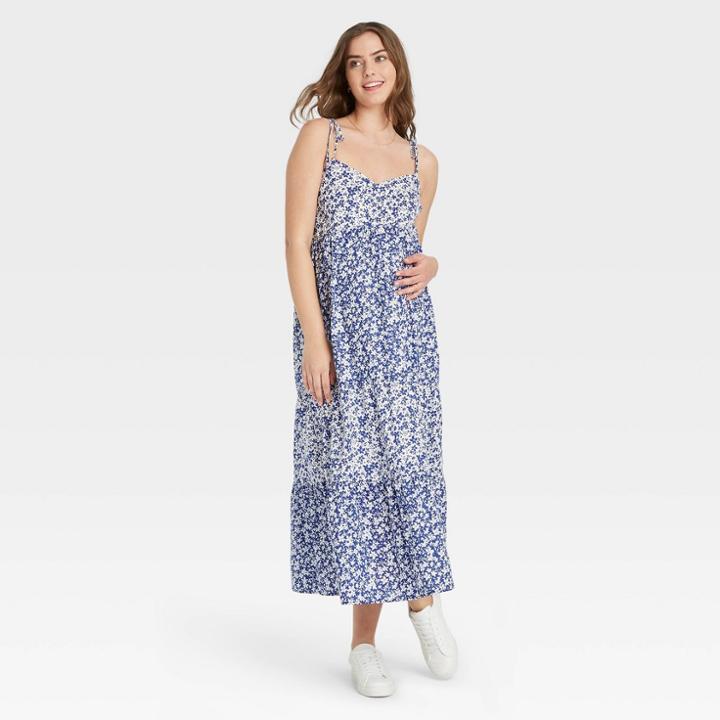 The Nines By Hatch Sleeveless Tiered Maternity Dress Blue Floral Print