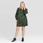 Women's Plus Size Floral Print Long Sleeve Boat Neck Ruffle Detail A Line Mini Dress - Who What Wear Green 1x, Women's,