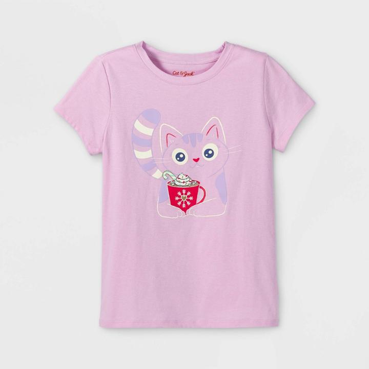 Girls' 'hot Cocoa Kitty' Short Sleeve Graphic T-shirt - Cat & Jack Light Purple