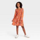 Girls' Smocked Bodice Long Sleeve Dress - Art Class Orange Floral