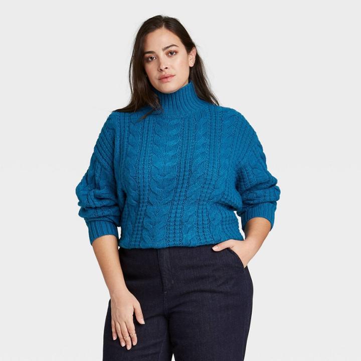 Women's Plus Size Mock Turtleneck Pullover Sweater - Ava & Viv Blue X