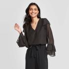 Women's Ruffle Long Sleeve V-neck Blouse - A New Day Black M, Women's, Size: Medium, Gold Black
