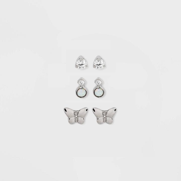 Sterling Silver Cubic Zirconia Faux Opal And Butterfly Trio Stud Earring Set - A New Day