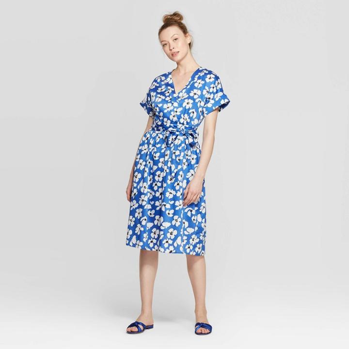 Women's Floral Print Short Sleeve V-neck Wrap Dress - Who What Wear Blue/white