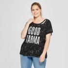 Women's Plus Size Short Sleeve Good Karma Splatter Print Clavicle Cut-out Graphic T-shirt - Grayson Threads (juniors') Black