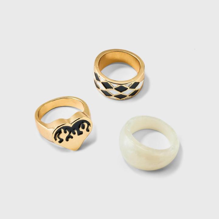 Flame Heart And Checkerboard Ring Set 3pc - Wild Fable Black