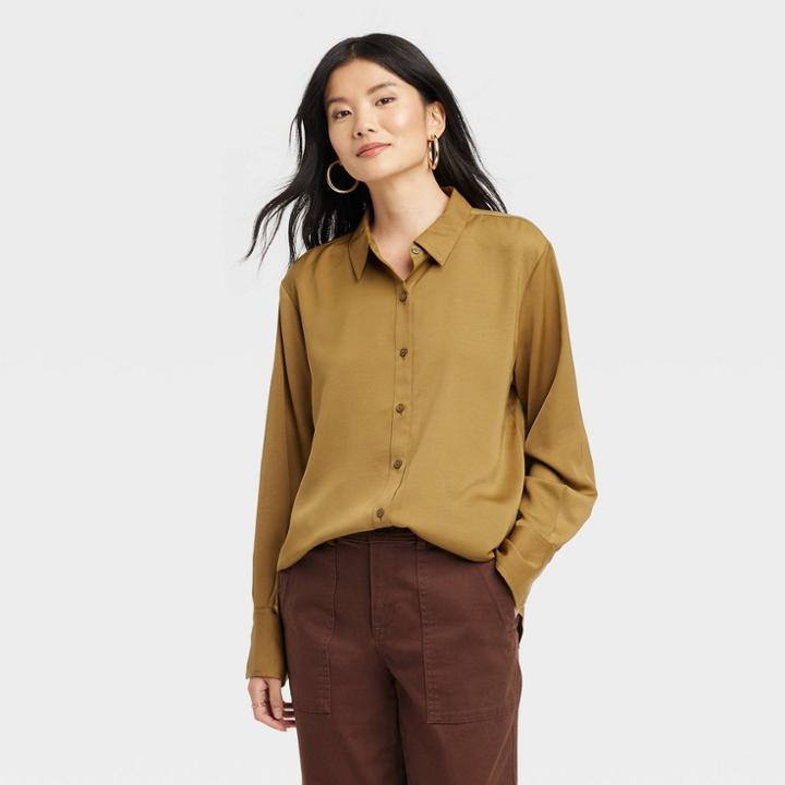Women's Long Sleeve Satin Button-down Shirt - A New Day Olive Green
