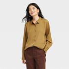 Women's Long Sleeve Satin Button-down Shirt - A New Day Olive Green
