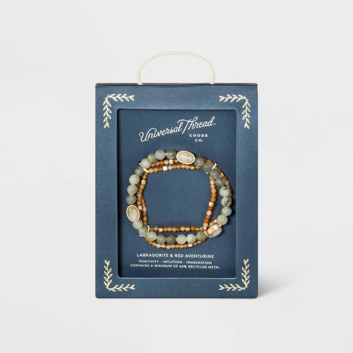 Semi-precious Aventurine And Labradorite With Recycled Metal Stretch Bracelet Set 3pc - Universal Thread Red