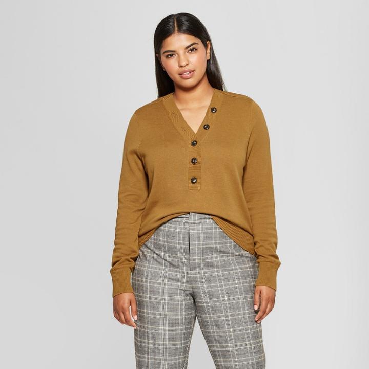 Women's Plus Size Long Sleeve Henley Pullover Sweater - Who What Wear Tan