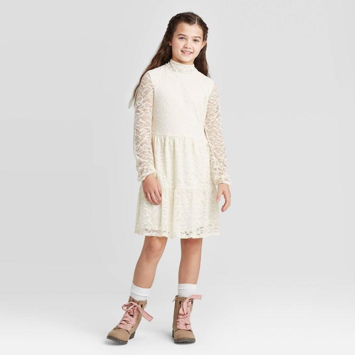 Girls' Tiered Lace Dress - Art Class White L, Girl's,