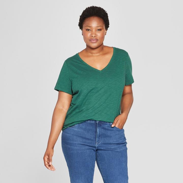 Women's Plus Size V-neck Short Sleeve T-shirt - Ava & Viv Dark Green