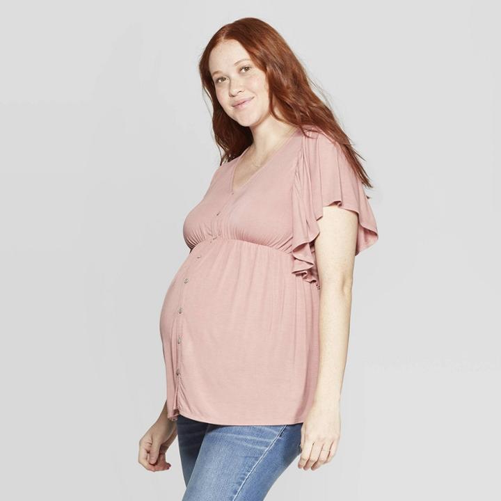 Maternity Short Sleeve V-neck Button Front Knit Blouse - Isabel Maternity By Ingrid & Isabel Pink