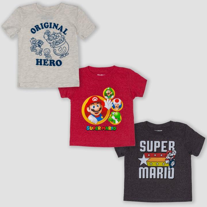 Toddler Boys' 3pk Super Mario Short Sleeve T-shirts - Gray/red/charcoal 3t,
