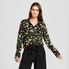Women's Floral Print Long Sleeve Silky Button-up Blouse- Who What Wear Black S, Black Floral