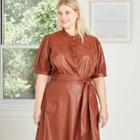 Women's Plus Size Faux Leather Puff Elbow Sleeve Button-down Shirt - Who What Wear Brown