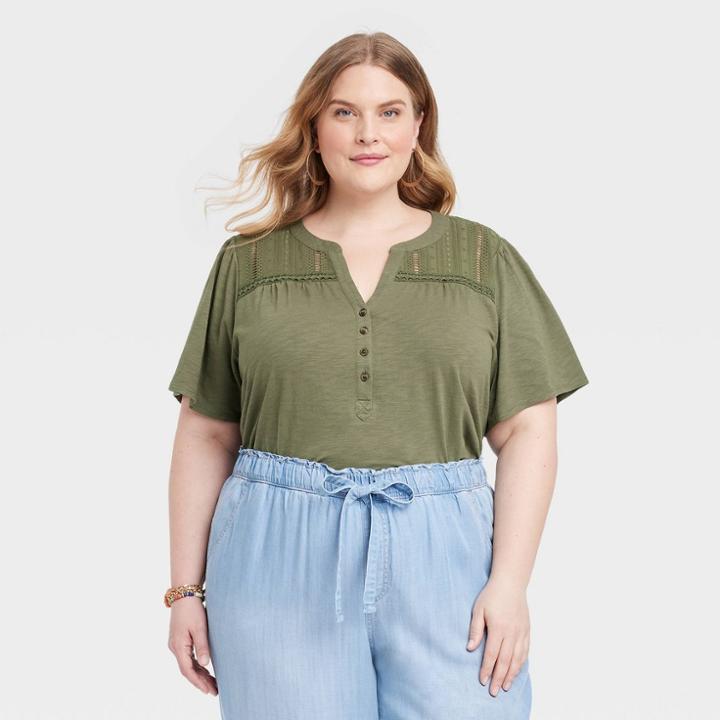 Women's Plus Size Short Sleeve V-neck Eyelet Henley Shirt - Knox Rose Thyme Green