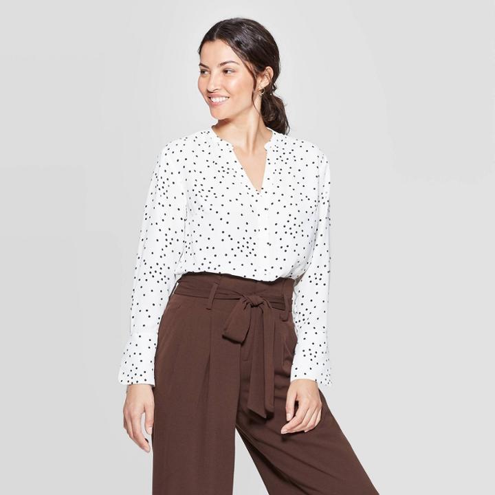 Women's Polka Dot Relaxed Fit Long Sleeve V-neck Tunic - A New Day White/black M, Size: