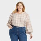 Women's Plus Size Plaid Crewneck Balloon Long Sleeve Flannel Blouse - Ava & Viv Tan X