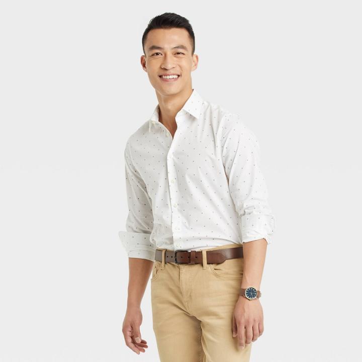 Men's Polka Dots Slim Fit Performance Dress Long Sleeve Button-down Shirt - Goodfellow & Co Light Off-white
