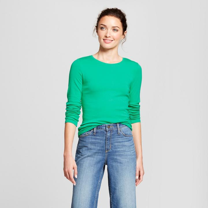 Women's Long Sleeve Fitted Crew T-shirt - A New Day Green