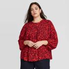 Women's Plus Size Floral Print Long Sleeve Everyday Blouse - A New Day Red